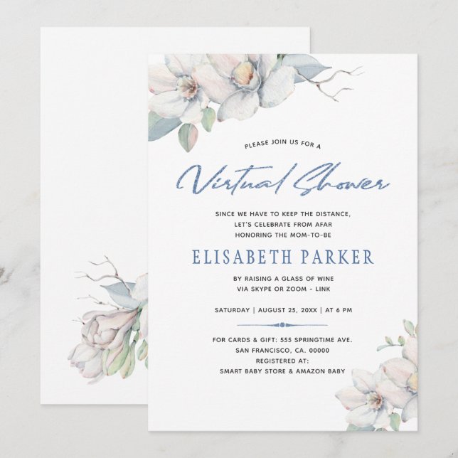 Change plans blue floral virtual  baby shower invitation (Front/Back)