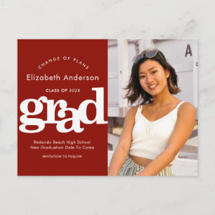 Change plans graduation photo bold typography red invitation postcard
