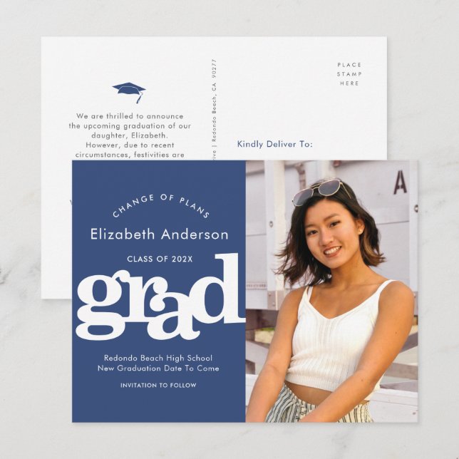 Change plans graduation photo navy bold typography invitation postcard (Front/Back)