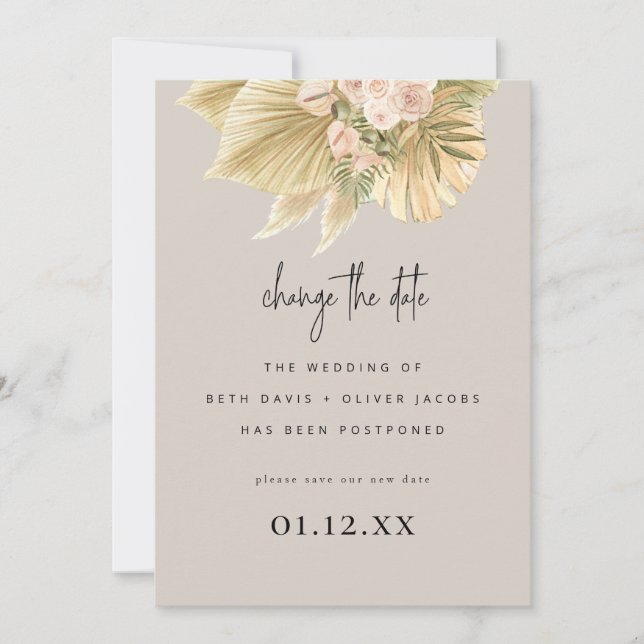 Change Postpone the Date Boho Pampas Palm Floral Save The Date (Front)