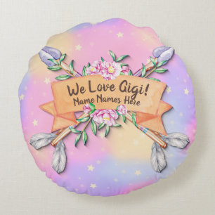 Change Text Add Name Boho Flower Arrows Pinks Round Pillow