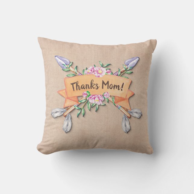 Change Text Add Name Boho Flower Arrows Soft Brown Throw Pillow (Front)