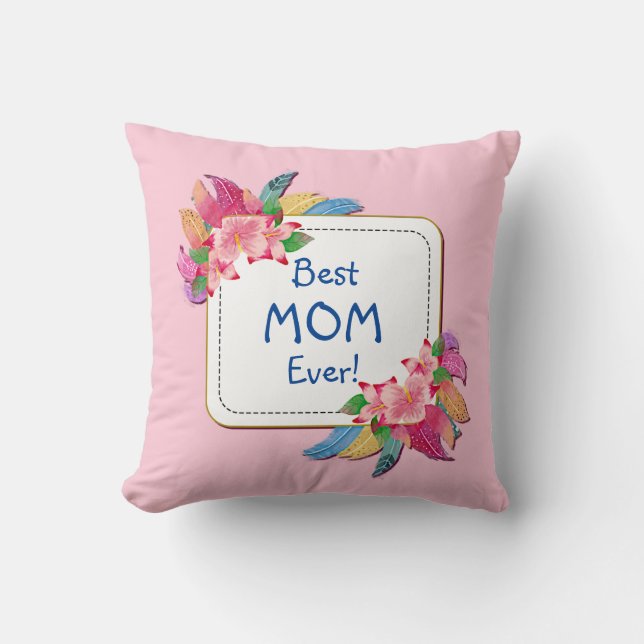 Change Text Add Name Boho Flower Feathers Best Mom Throw Pillow (Front)