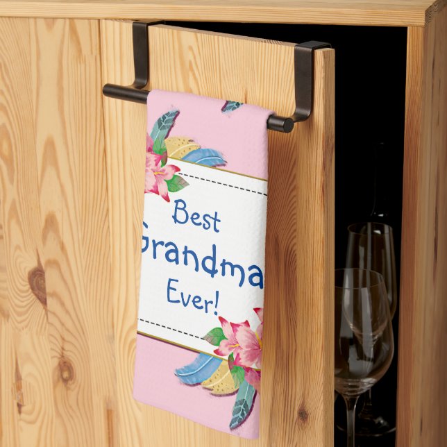 Change Text Add Name Boho Flower Feathers Grandma  Kitchen Towel (Thirds Fold)