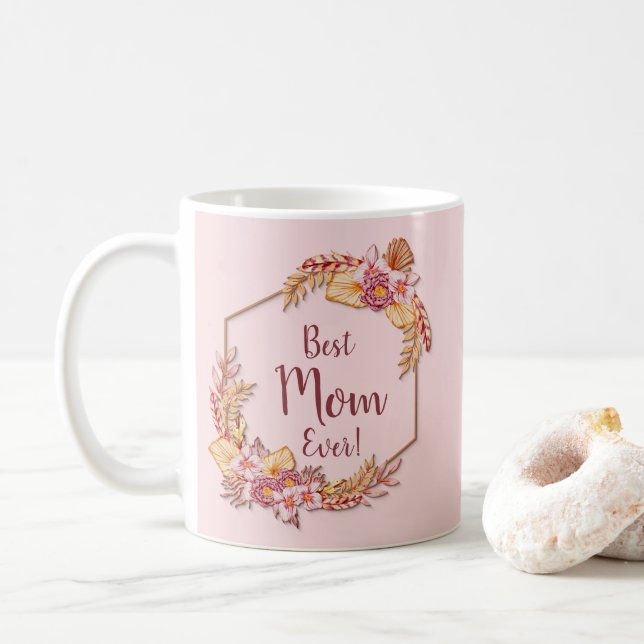 Change Text Add Name Boho Flower Frame Best Mom  T Coffee Mug (With Donut)