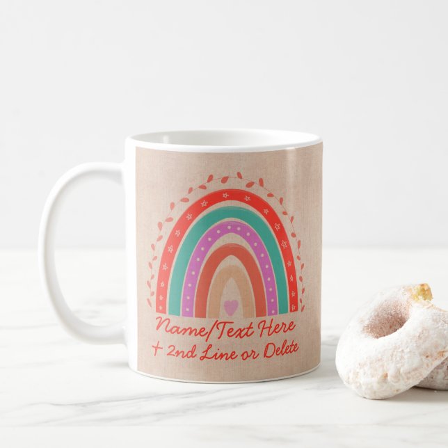 Change Text Add Name Boho Rainbow Heart Aqua Brown Coffee Mug (With Donut)