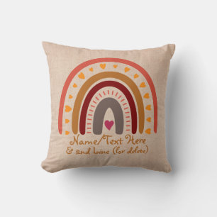 Change Text Add Name Boho Rainbow Heart Pink Beige Throw Pillow
