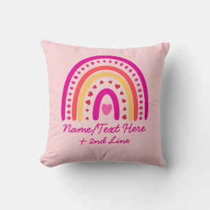 Change Text Add Name, Boho Rainbow Hearts Pink Throw Pillow