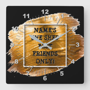 Change Text Add Name She Shed Gold Brush Stroke Square Wall Clock