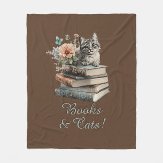 Change Text, Books & Cats, with Flowers, on Brown Fleece Blanket