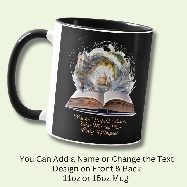 Change Text, Books Unfold Worlds Movies Glimpse Mug (Creator Uploaded)