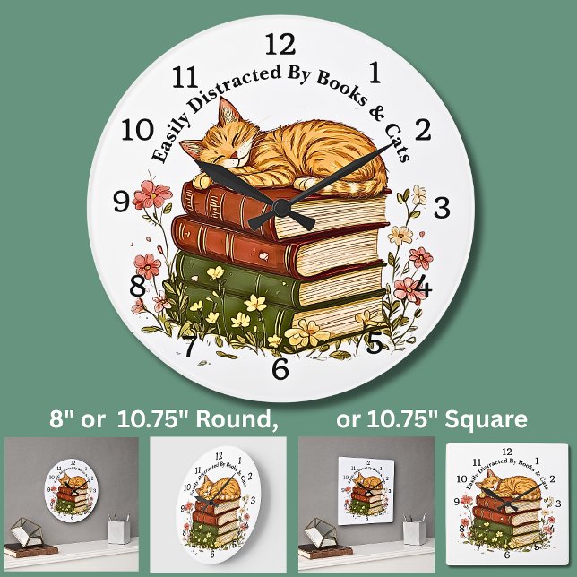 Change Text -Easily Distracted Books & Cats  Large Clock (Creator Uploaded)