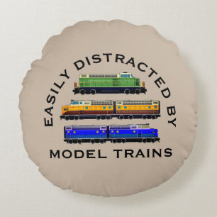 Change Text Easily Distracted Model Trains Diesel Round Pillow