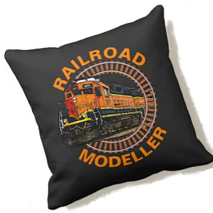 Change Text Railroad Modeller Orange Diesel Train  Throw Pillow