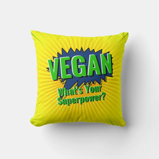 Change Text Vegan Your Superpower Comic Style Text Throw Pillow (Front)