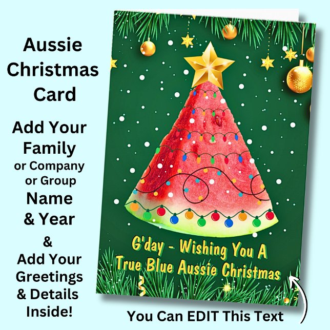 Change Text, Watermelon Wishing True Blue Aussie Card (Watermelon Christmas Tree Australian Christmas Card)