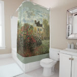 Change the Colour! Monet's Garden at Argenteuil<br><div class="desc">A fun shower curtain design with a brown background. Click the "customize it" button and choose another colour! The Artist's Garden in Argenteuil (A Corner of the Garden with Dahlias) (1873) by Claude Monet is a vintage impressionism fine art floral nature painting. A country farm house is in the background....</div>