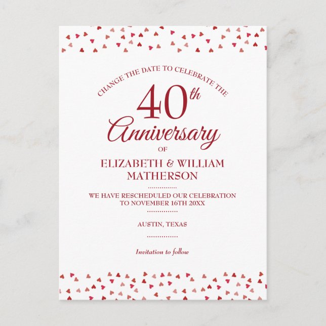 Change the Date 40th Ruby Wedding Anniversary  Announcement Postcard (Front)