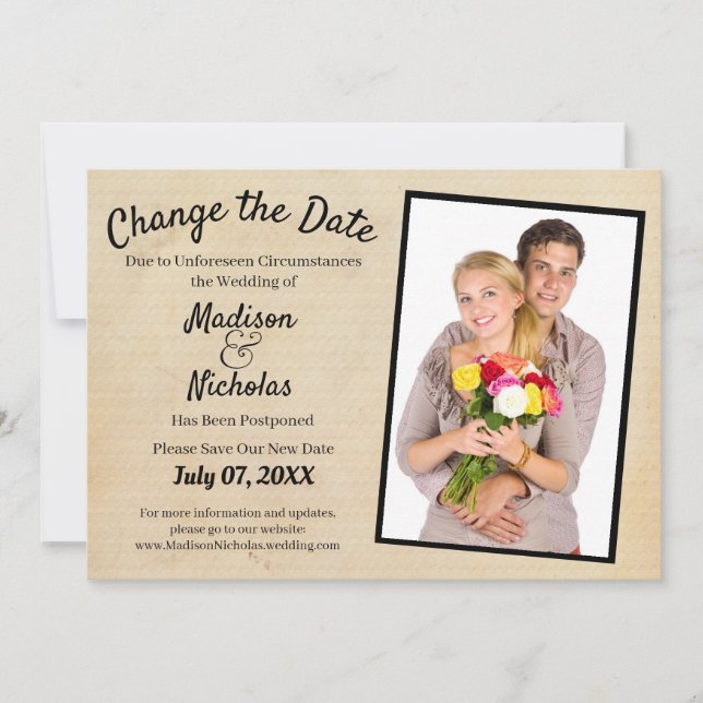 Change the Date Add Photo Wedding Brown Parchment Save The Date (Front)