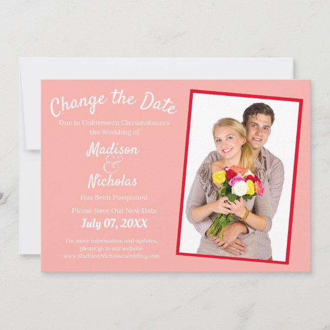 Change the Date Add Photo Wedding Postponed Pink Save The Date (Front)
