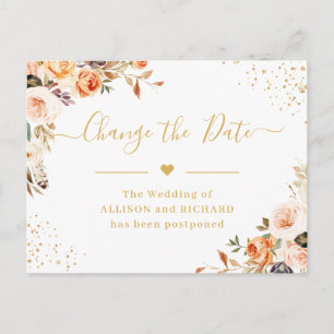 Change the Date Autumn Gold Floral Postponed Postcard