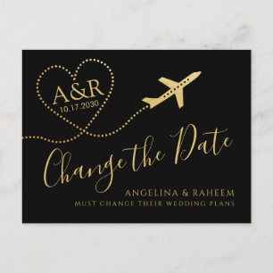 Change the Date Black Gold Destination Wedding  Announcement Postcard