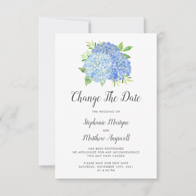 Change The Date Blue Hydrangea Wedding Save The Date (Front)