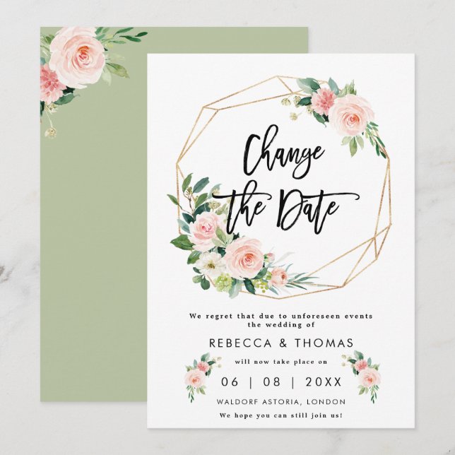 change the date boho floals wedding invitation (Front/Back)