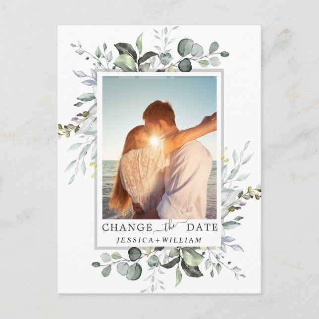Change the Date Elegant Eucalyptus PHOTO Wedding Postcard (Front)