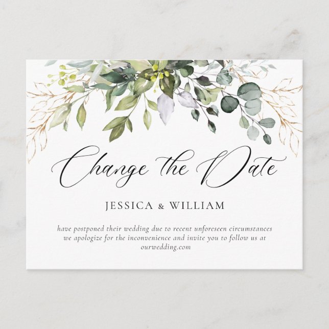 Change the Date Elegant Eucalyptus Wedding Postcard (Front)