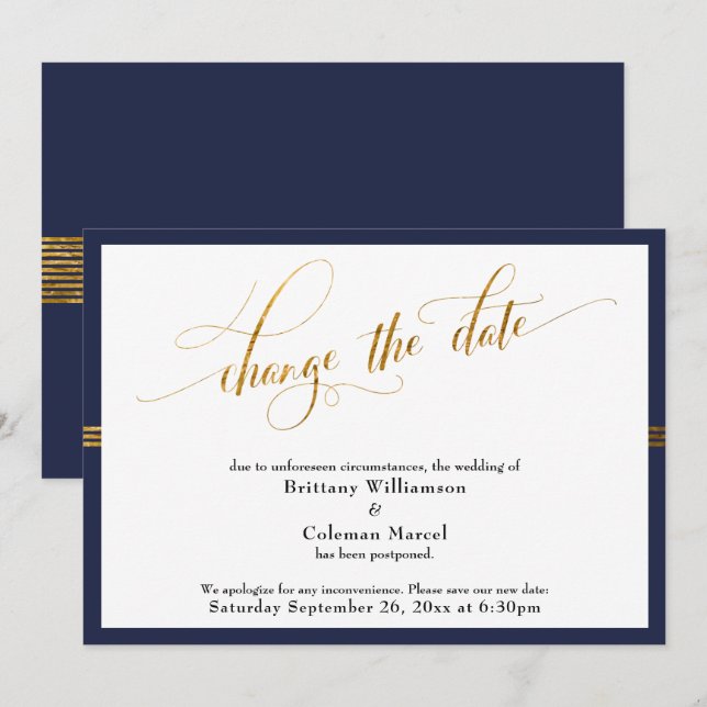 Change the Date Elegant Navy w/ Gold Stripe Card (Front/Back)