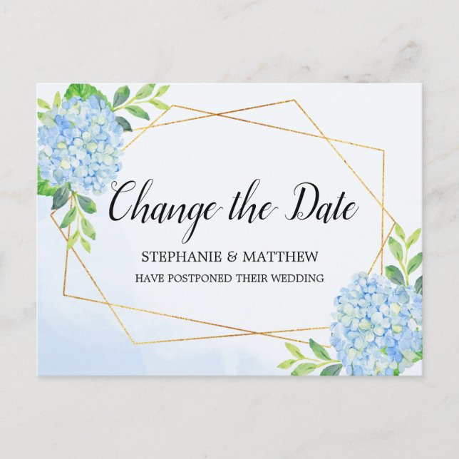 Change The Date Geometric Hydrangea Wedding Announcement Postcard (Front)
