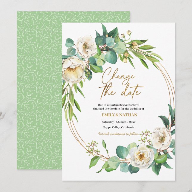 Change the date Gold and White floral Invitation (Front/Back)