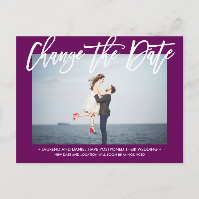 CHANGE THE DATE Modern Purple calligraphy photo Announcement Postcard (Front)