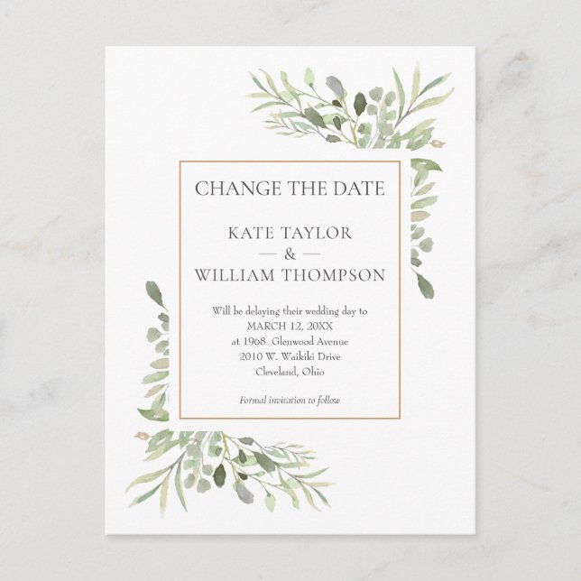 Change the Date Modern Watercolour Greenery Announcement Postcard (Front)