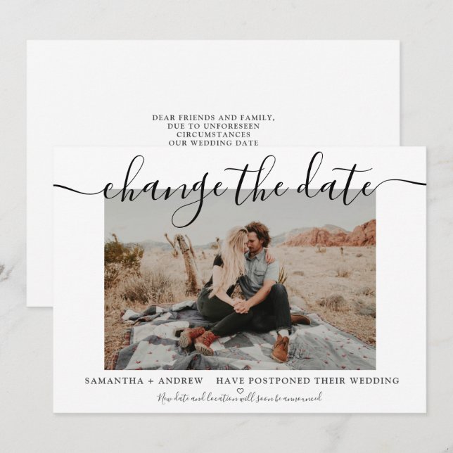 Change the date modern white chic typography photo save the date (Front/Back)