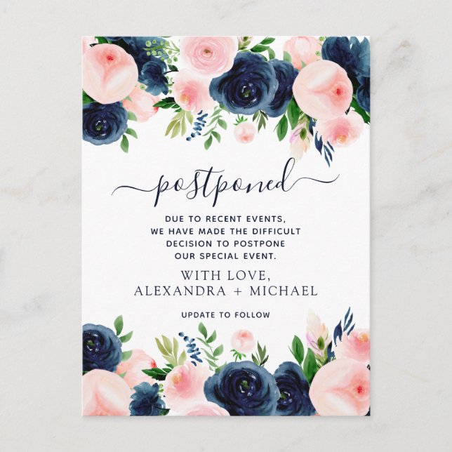 Change the Date Navy Blue Blush Pink Floral Announcement Postcard (Front)