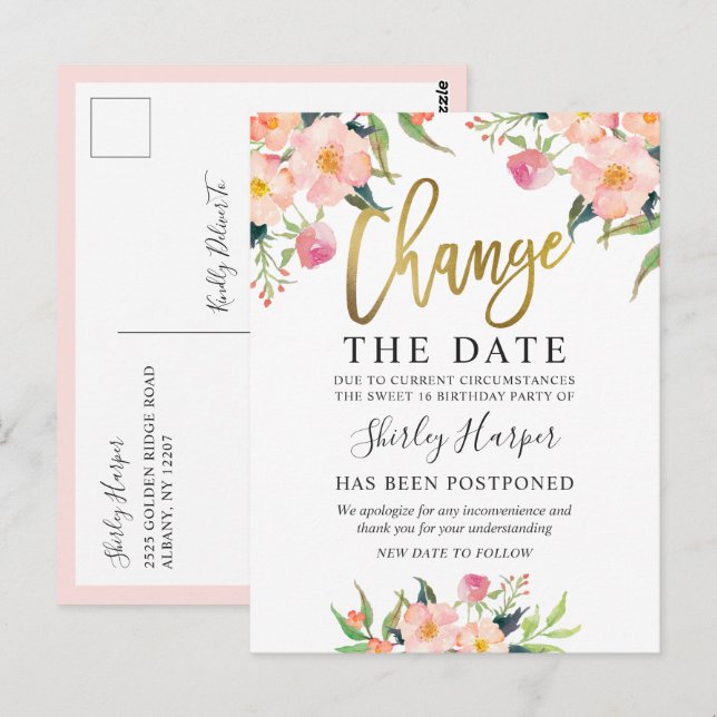 Change The Date Pink Floral Gold Script Postcard (Front/Back)