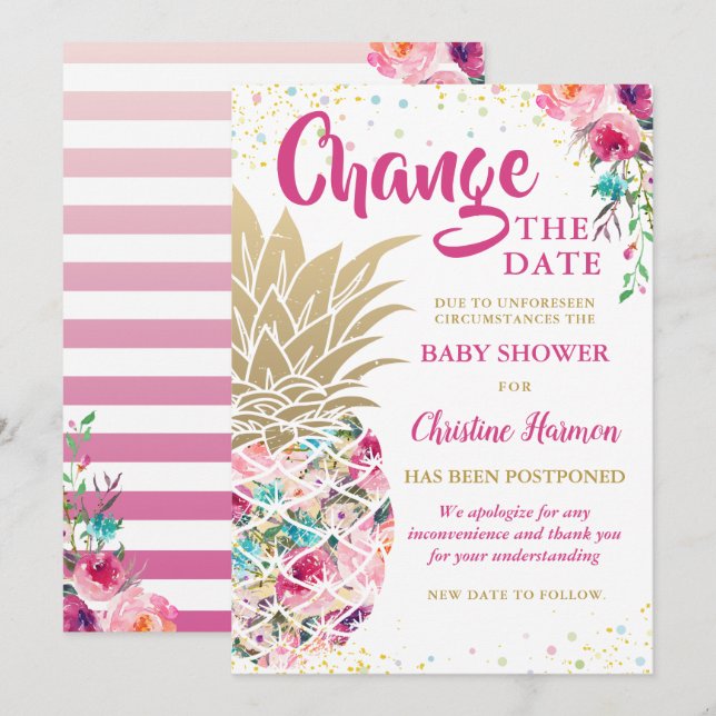 Change The Date Pink Gold Pineapple Baby Shower Invitation (Front/Back)