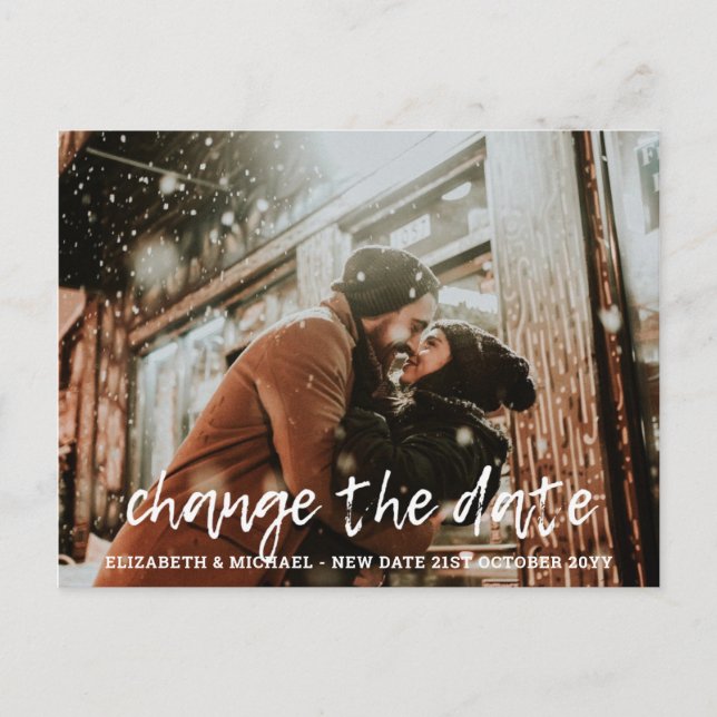 CHANGE THE DATE PLANS Letter BUDGET Photo Wedding Postcard (Front)