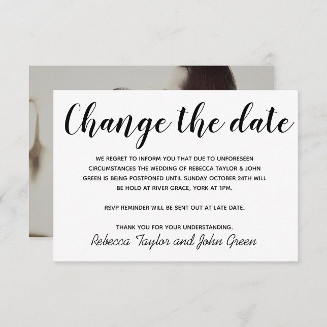 Change the date postpone Wedding Simple Photo Card (Front/Back)