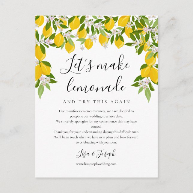 Change the Date Postponed Cancelled Lemons Photo Announcement Postcard (Front)
