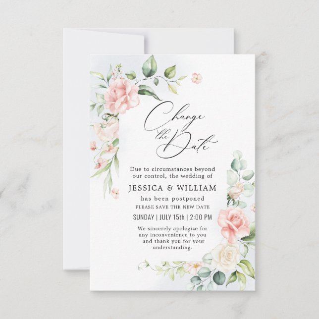Change the Date Postponed Elegant Roses Eucalyptus Invitation (Front)