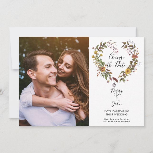 Change the Date Postponed Floral Photo Save The Date (Front)