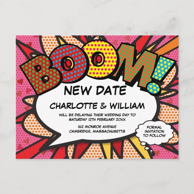 Change the Date Postponed Fun Comic Book Announcement Postcard (Front)