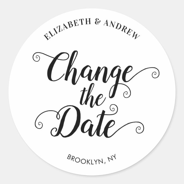 Change the Date Postponed New Wedding Announcement Classic Round Sticker (Front)