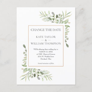 Change the Date Postponed Watercolour Greenery Invitation Postcard