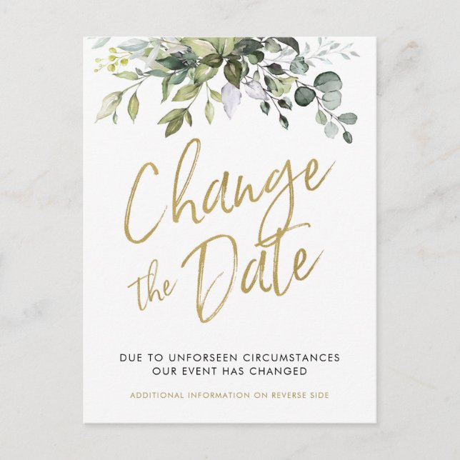 Change The Date, Postponed, Wedding Cards Greenery (Front)