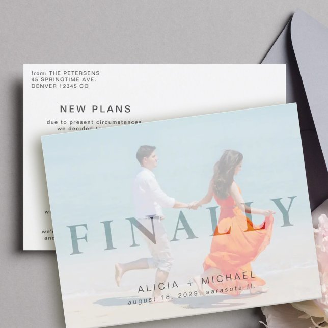 Change the date postponed wedding photo save date announcement postcard (Creator Uploaded)