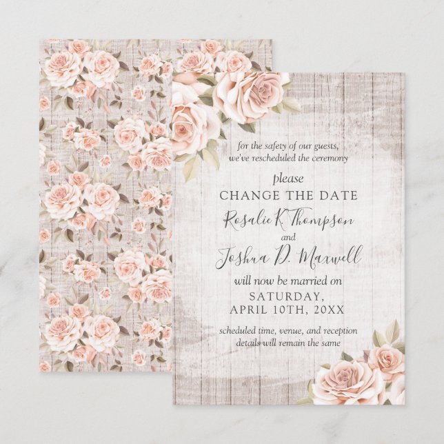 Change The Date Rustic Roses Rescheduled Wedding Invitation (Front/Back)